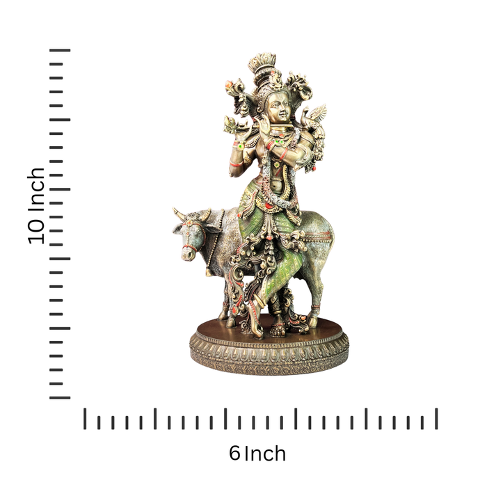 Copper Finish Lord Krishna Playing Flute with Cow Sculpture