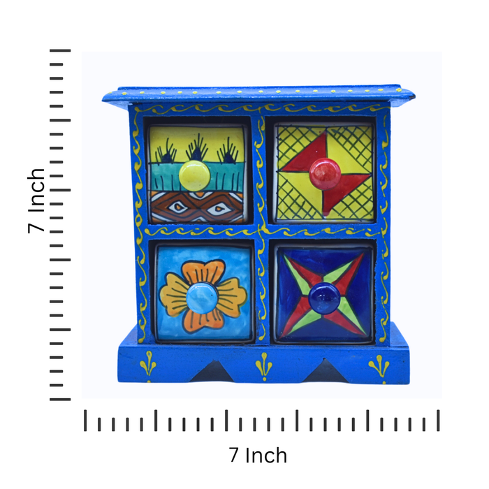 Handcrafted Blue Wooden Box with Four Colorful Ceramic Drawers – Unique Home Accent