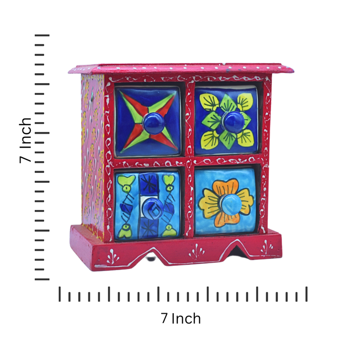 Decorative Red Wooden Box with Colorful Ceramic Drawers – Stylish for Home Décor