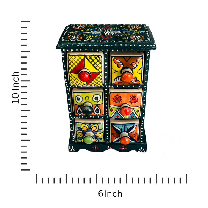 Handcrafted Wooden Jewelry Box with Colorful Ceramic Drawers | Rajasthani Mini Chest Organizer