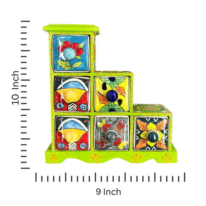 Artisan Wooden Spice Box with Multicolor Ceramic Drawers – Lime Green Edition