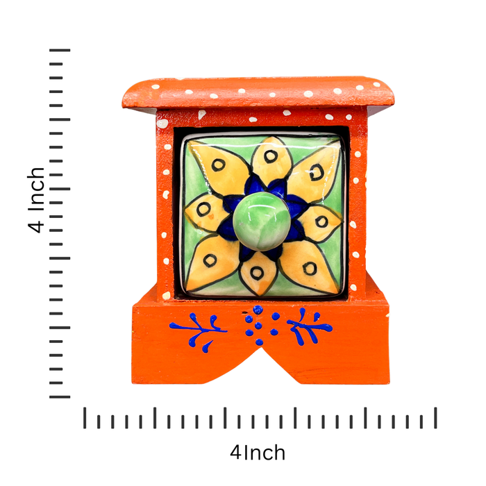 Decorative Orange Wooden Box with Hand-Painted Ceramic Drawer – Home Décor