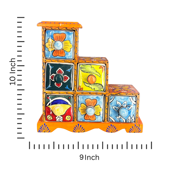 Traditional Hand-Painted Wooden Spice Chest with 6 Ceramic Drawer