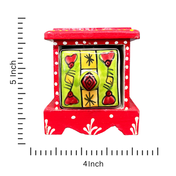 Handcrafted Red Wooden Spice Box with Ceramic Drawer – Handmade Home Decor