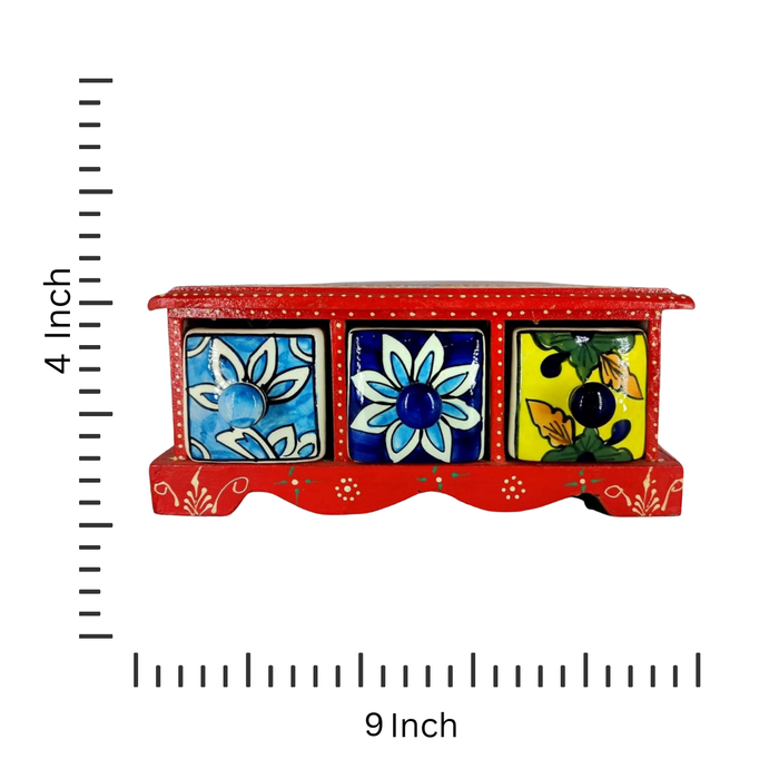 Vibrant Red Wooden Box with Ceramic Drawers – Decorative Organizer for Home Essentials