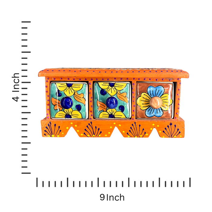 Triple Ceramic Drawer Organizer – Decorative Orange Wooden Box for Accessories