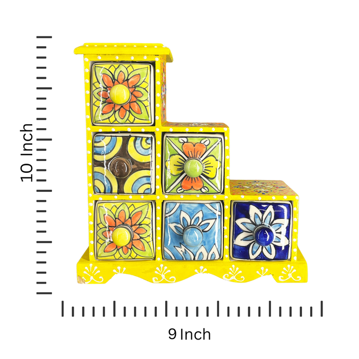 Handcrafted Yellow Wooden Storage Box with Multicolor Ceramic Drawers