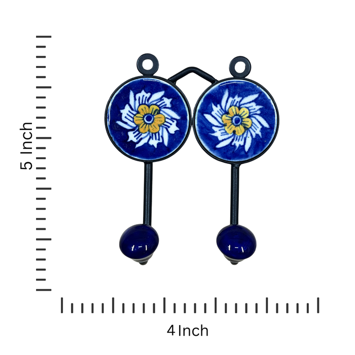 Floral Print Blue Ceramic & Iron Dual Hook Key Holder