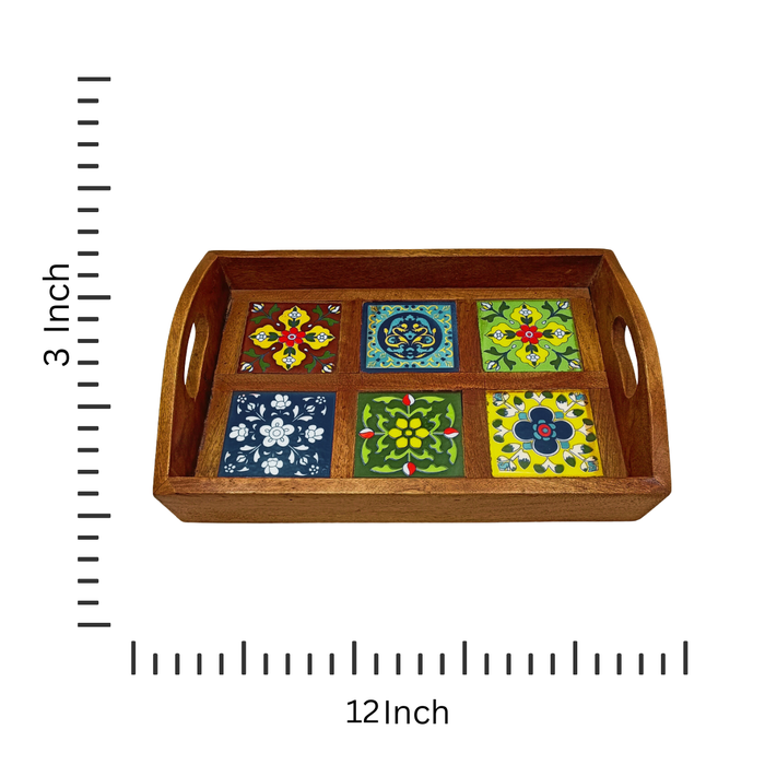 Handcrafted Wooden Serving Tray with Multicolor Fitted Ceramic Tiles