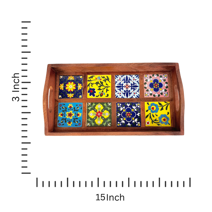 Elegant Wooden Ceramic Tray with 8 Artistic Tiles - 39x21x7 cm