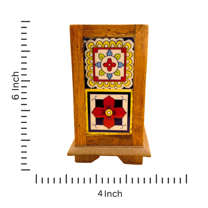 Handcrafted Wooden Pen Stand with Tile Accents