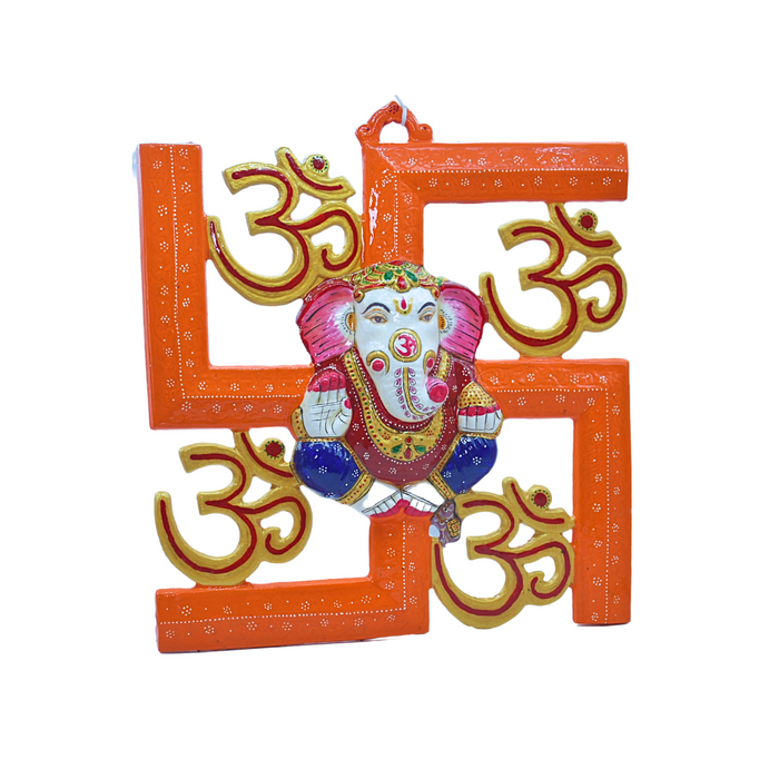 Divine Orange Swastik with Ganesha and Om Symbols