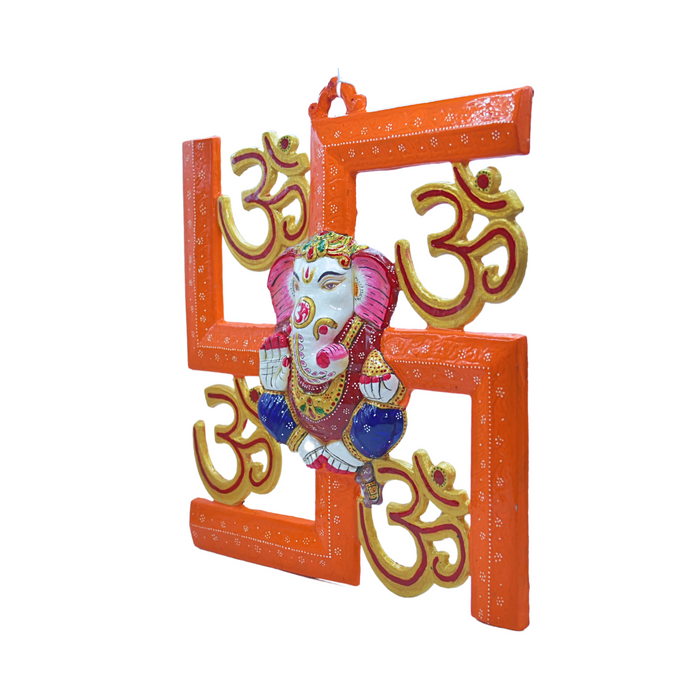 Divine Orange Swastik with Ganesha and Om Symbols