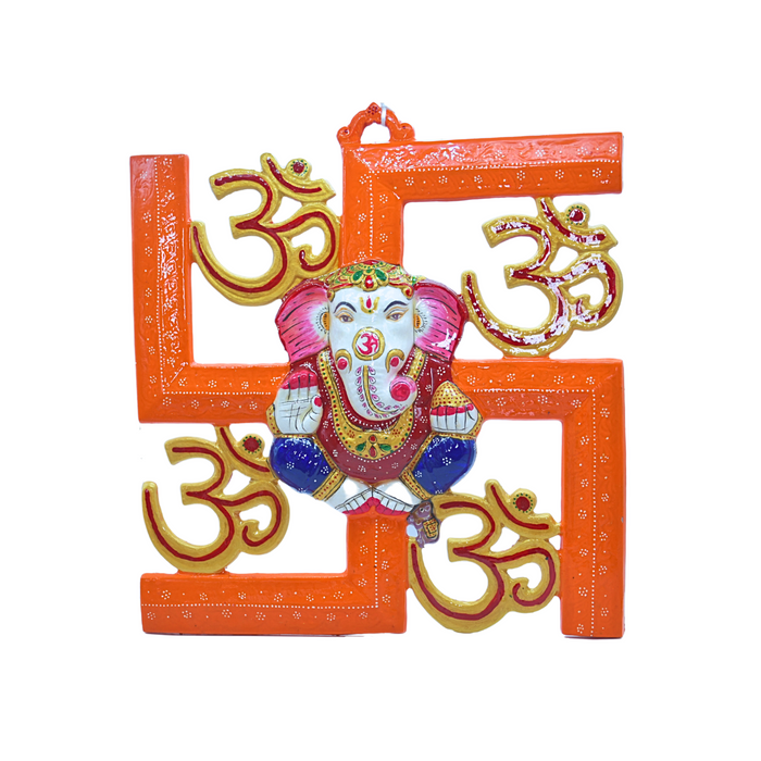 Divine Orange Swastik with Ganesha and Om Symbols