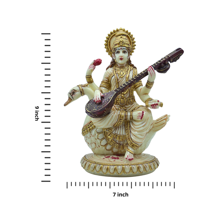 White Marble Resin Maa Saraswati Sitting on Swan Statue