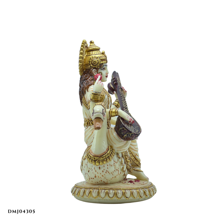 White Marble Resin Maa Saraswati Sitting on Swan Statue