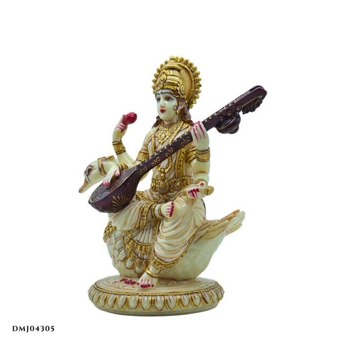 White Marble Resin Maa Saraswati Sitting on Swan Statue