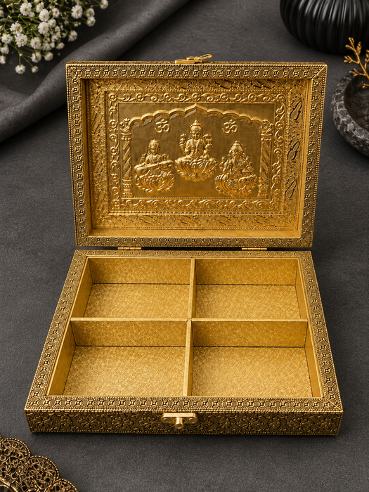 Handcrafted Golden Dry Fruit Box with Traditional Laxmi Ganesh Design