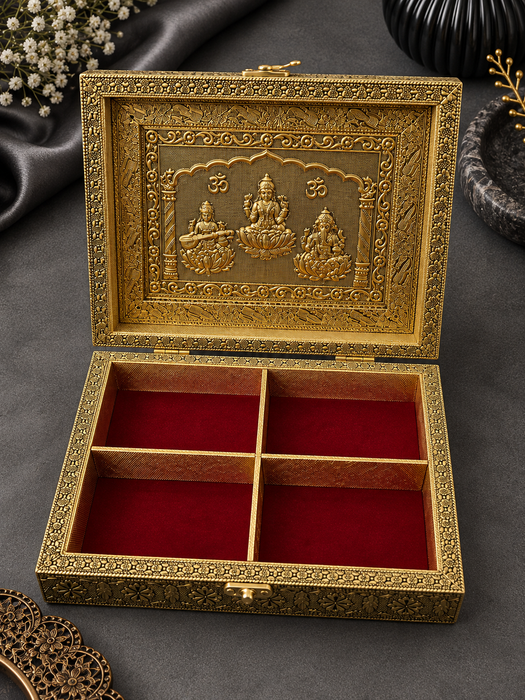 Handcrafted Golden Dry Fruit Box with Goddess Laxmi Saraswati Design, Decorative Gift Box