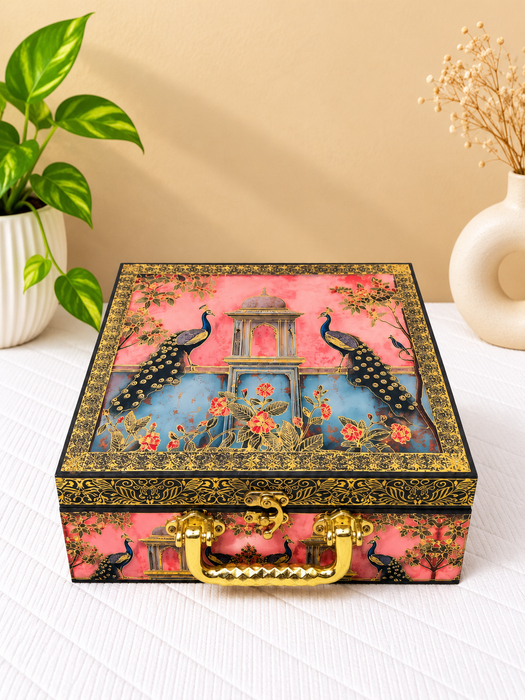 Decorative Dry Fruit Box with 4 Glass Jars, Peacock Design Gift Hamper