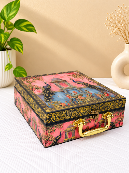 Decorative Dry Fruit Box with 4 Glass Jars, Peacock Design Gift Hamper