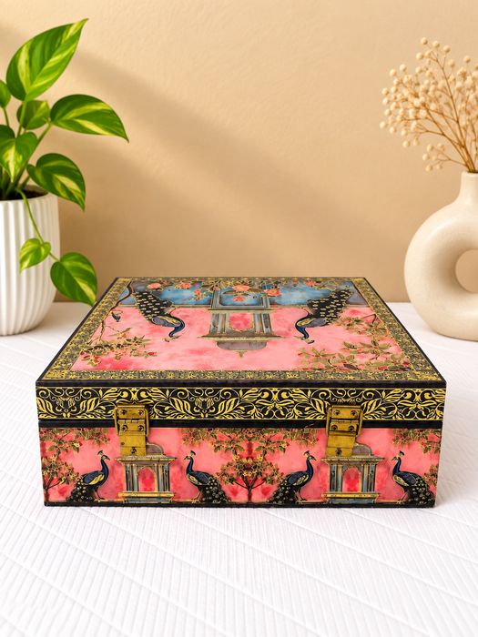 Decorative Dry Fruit Box with 4 Glass Jars, Peacock Design Gift Hamper