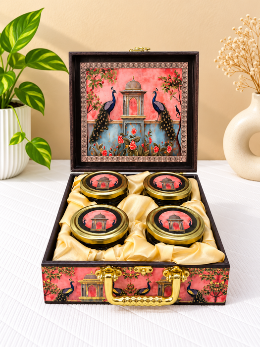 Decorative Dry Fruit Box with 4 Glass Jars, Peacock Design Gift Hamper