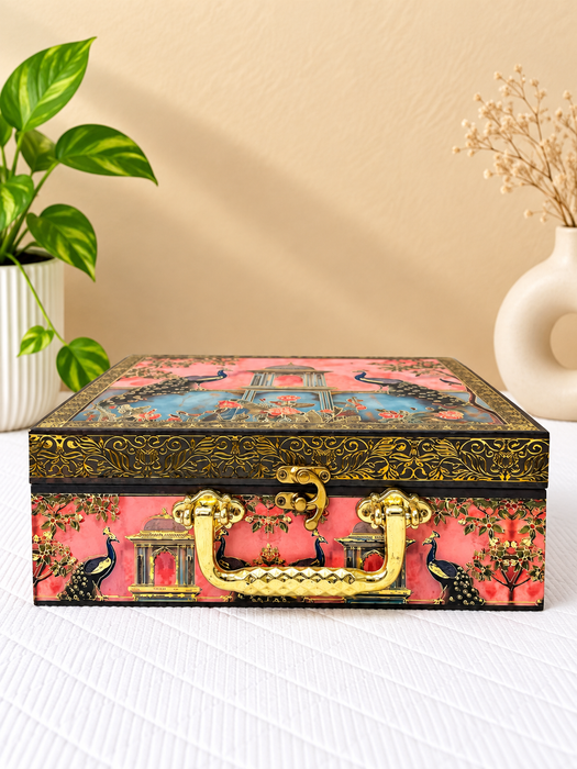 Decorative Dry Fruit Box with 4 Glass Jars, Peacock Design Gift Hamper