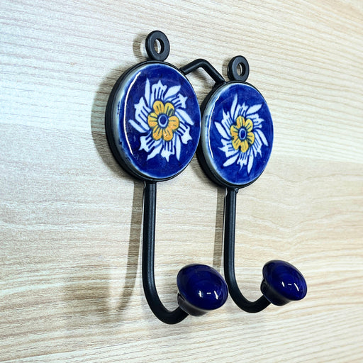 Floral Print Blue Ceramic & Iron Dual Hook Key Holder 1