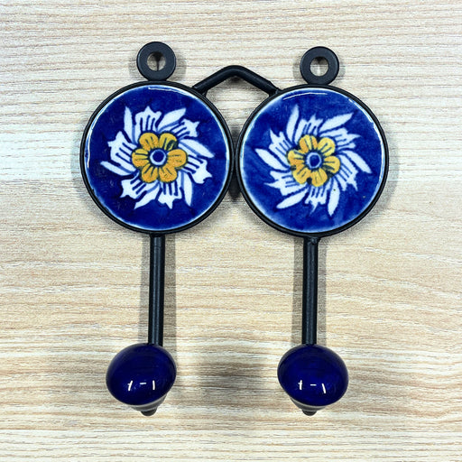 Floral Print Blue Ceramic & Iron Dual Hook Key Holder
