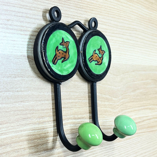Green Color Deer Print Dual Hook Ceramic & Iron Key Holder 1