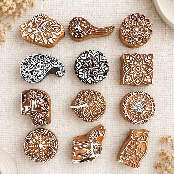 Hand Carved Wooden Printing Blocks | Set of 4 Traditional Designs