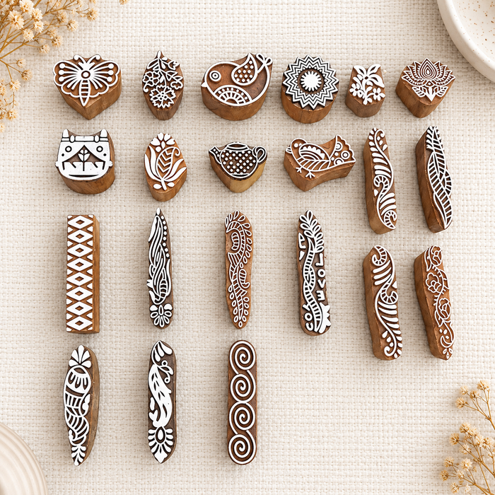 Hand Carved Wooden Printing Blocks | Set of 7 Traditional Designs