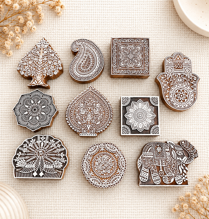 Hand Carved Wooden Printing Blocks | Set of 5 Traditional Indian Designs