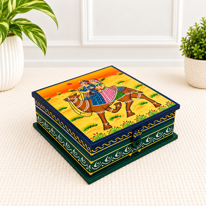 Handcrafted Wooden Camel Design Storage Box, Hand Painted Indian Traditional Decor