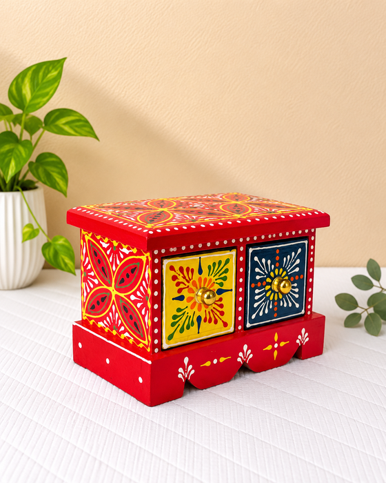 Handcrafted Wooden 2-Drawer Storage Box, Hand Painted Indian Traditional Floral Decor