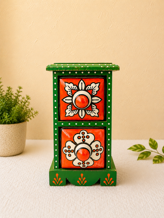 Hand Painted Wooden 2 Drawer Cabinet | Traditional Floral Indian Decor