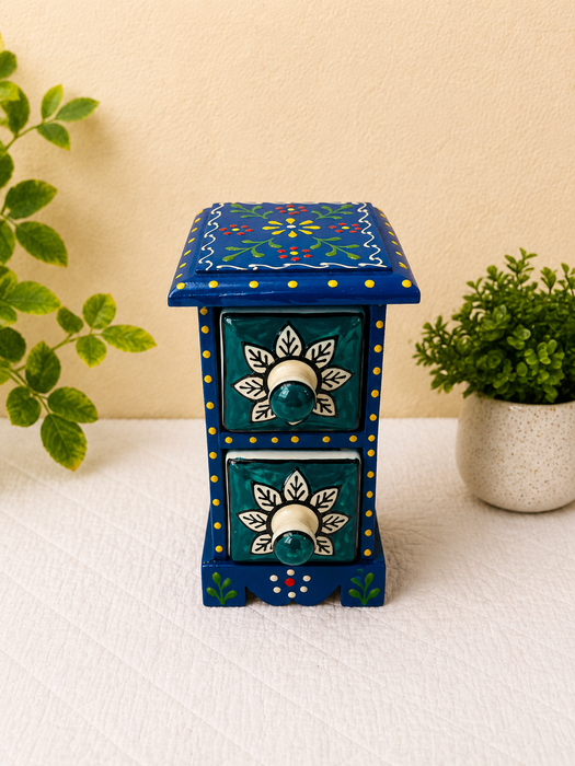 Hand Painted Wooden 2 Drawer Cabinet | Traditional Floral Indian Decor