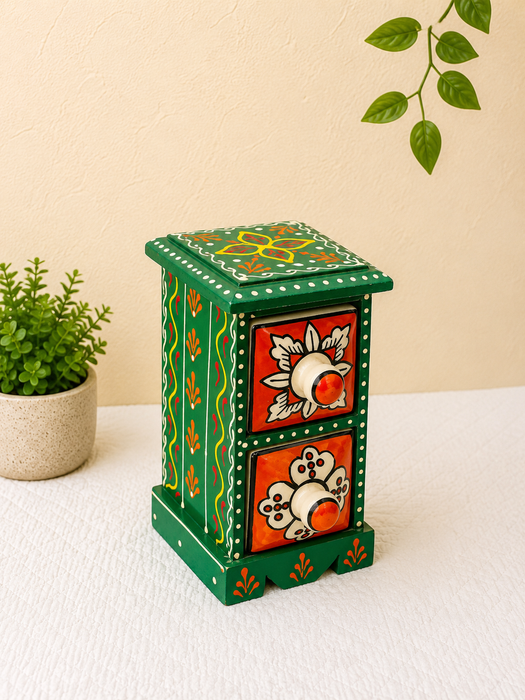 Hand Painted Wooden 2 Drawer Cabinet | Traditional Floral Indian Decor