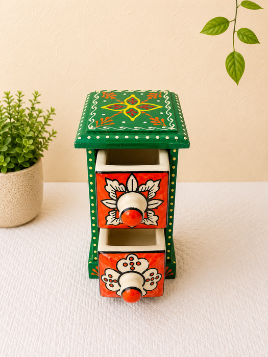 Hand Painted Wooden 2 Drawer Cabinet | Traditional Floral Indian Decor
