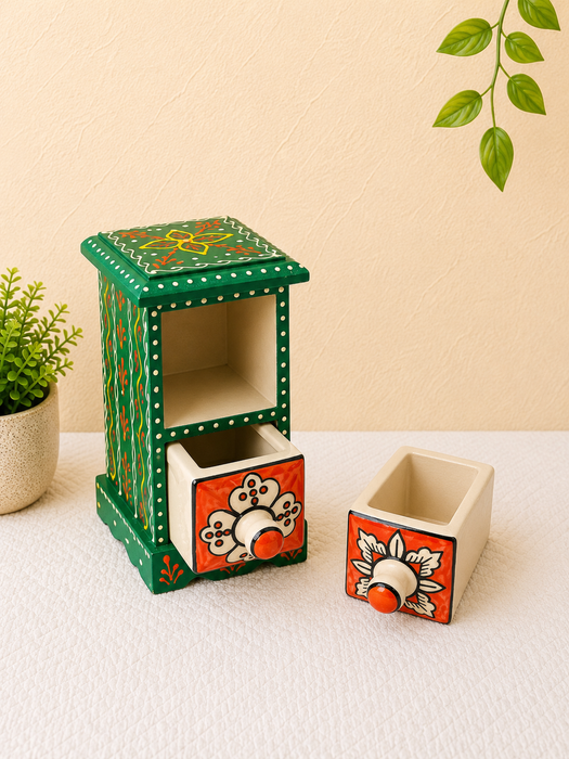 Hand Painted Wooden 2 Drawer Cabinet | Traditional Floral Indian Decor
