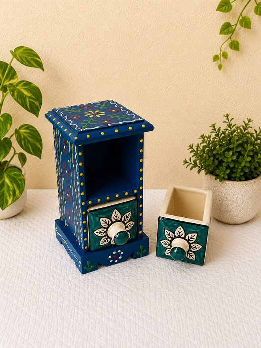 Hand Painted Wooden 2 Drawer Cabinet | Traditional Floral Indian Decor