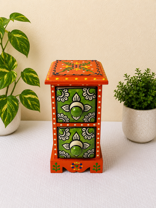 Hand Painted Wooden 2 Drawer Cabinet | Traditional Indian Handmade Decor