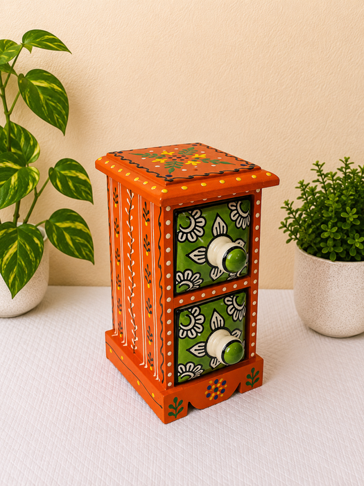 Hand Painted Wooden 2 Drawer Cabinet | Traditional Indian Handmade Decor