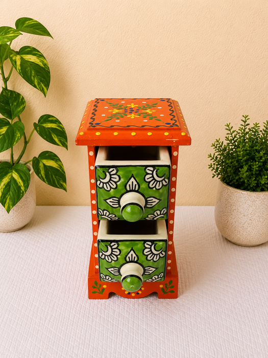 Hand Painted Wooden 2 Drawer Cabinet | Traditional Indian Handmade Decor