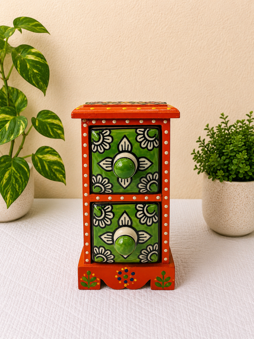 Hand Painted Wooden 2 Drawer Cabinet | Traditional Indian Handmade Decor