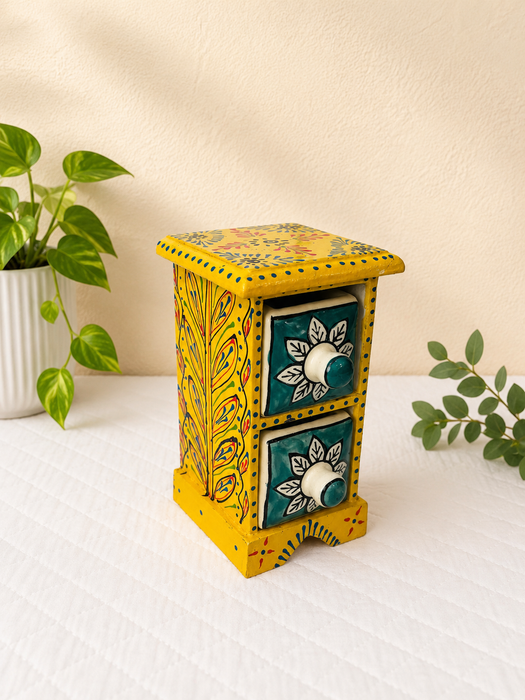 Hand Painted Wooden 2 Drawer Cabinet | Traditional Indian Handmade Storage