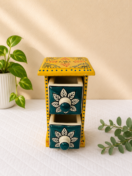 Hand Painted Wooden 2 Drawer Cabinet | Traditional Indian Handmade Storage