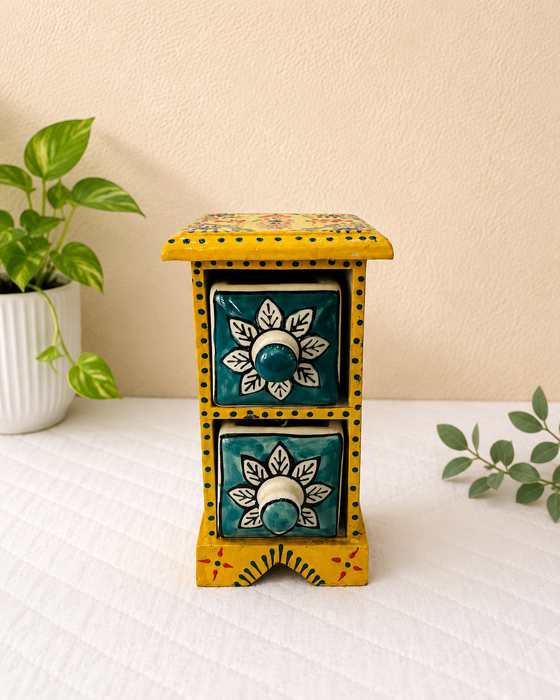 Hand Painted Wooden 2 Drawer Cabinet | Traditional Indian Handmade Storage