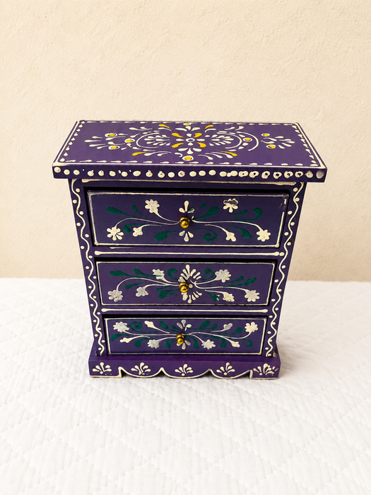 Hand Painted Wooden 3 Drawer Cabinet | Purple Floral Indian Decor